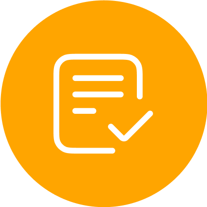 White document icon with a check mark in an orange circle.