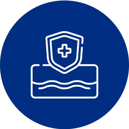 Icon of a medical shield over a water wave on a blue background.
