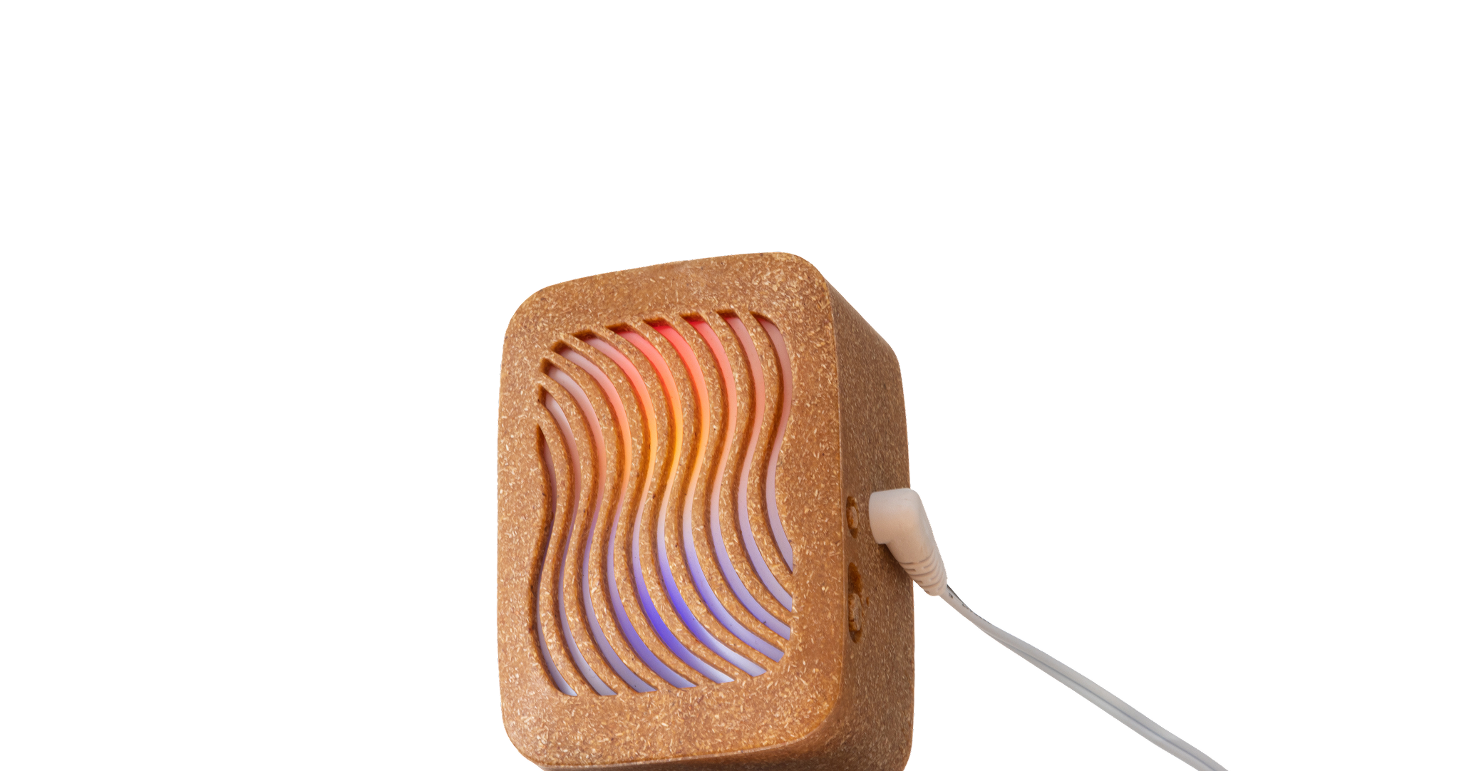 A small speaker with wavy grill design and musical notes.
