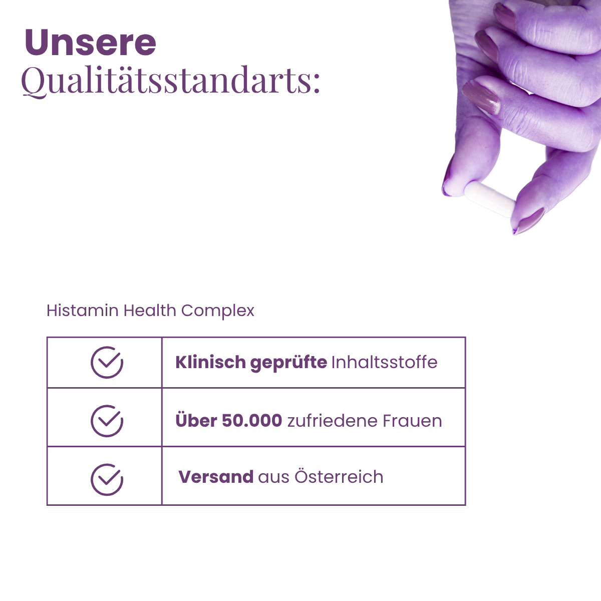 Purple-toned hand holding a capsule with text about quality standards in purple.