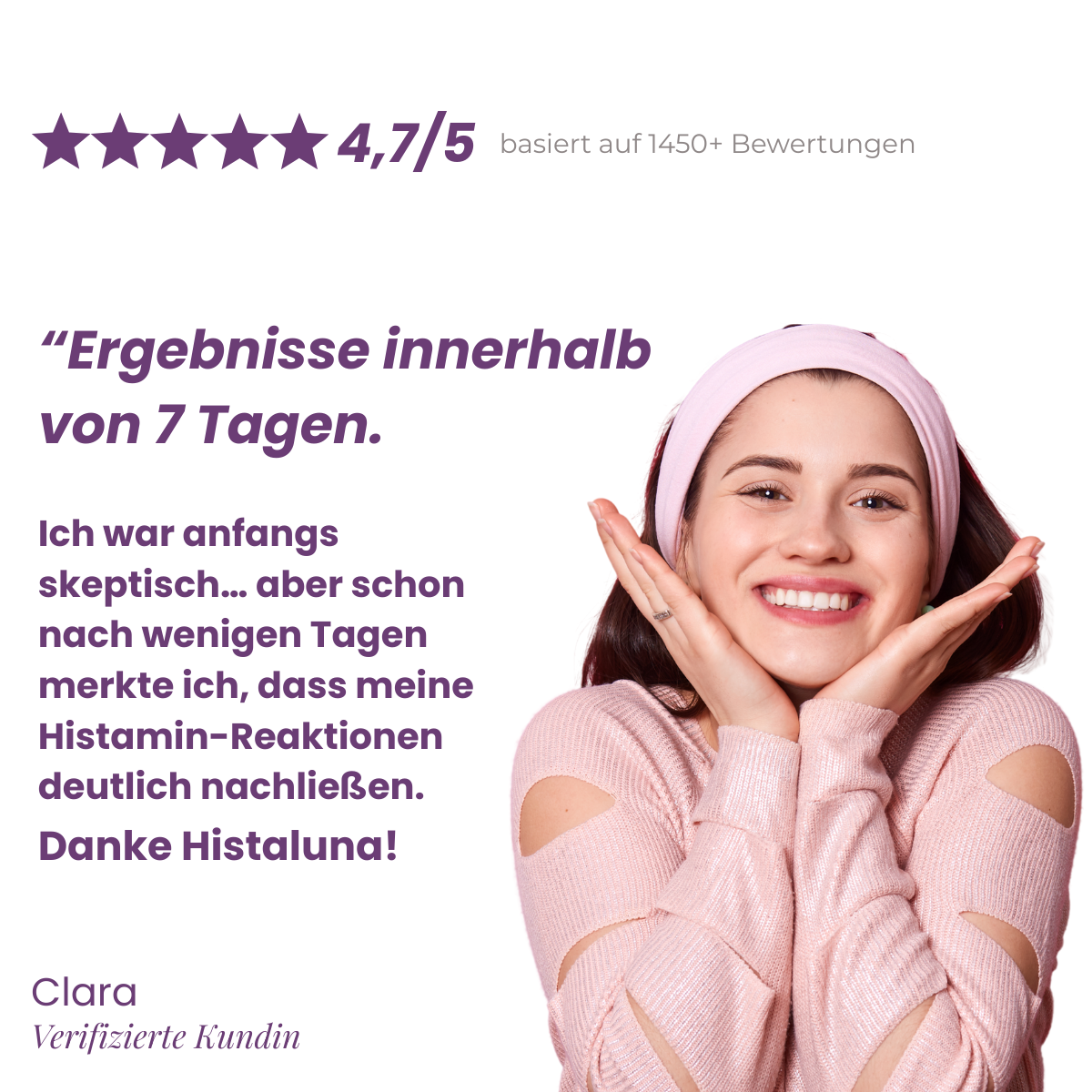 Smiling woman with hands on cheeks, text about positive product review and star rating.