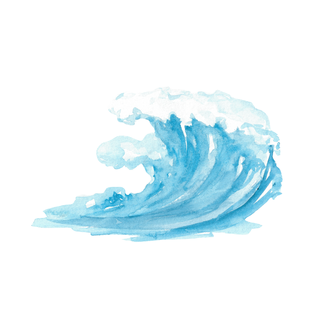Watercolor illustration of a blue ocean wave on a white background.