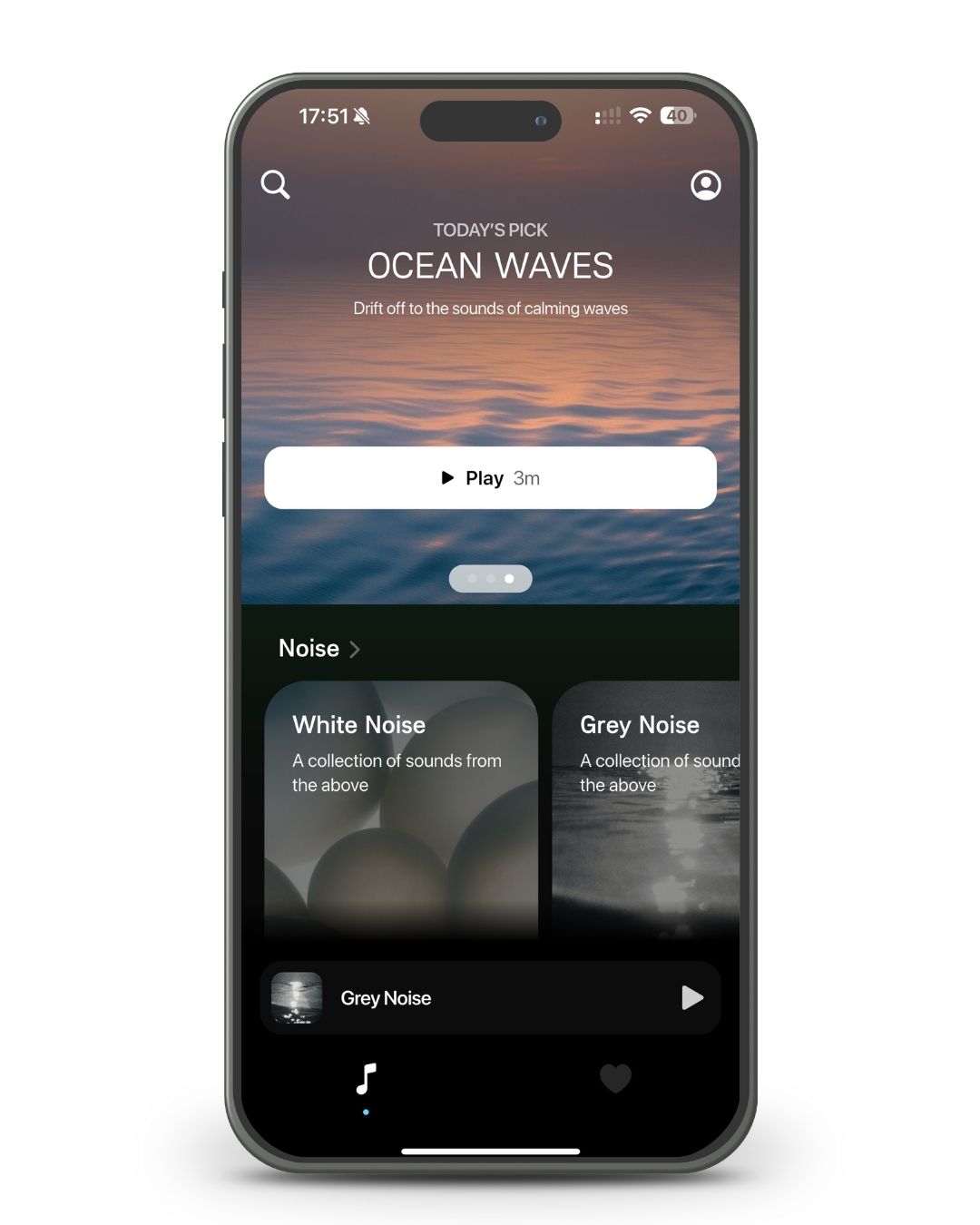 Smartphone screen displaying a relaxation app with ocean waves and noise options.