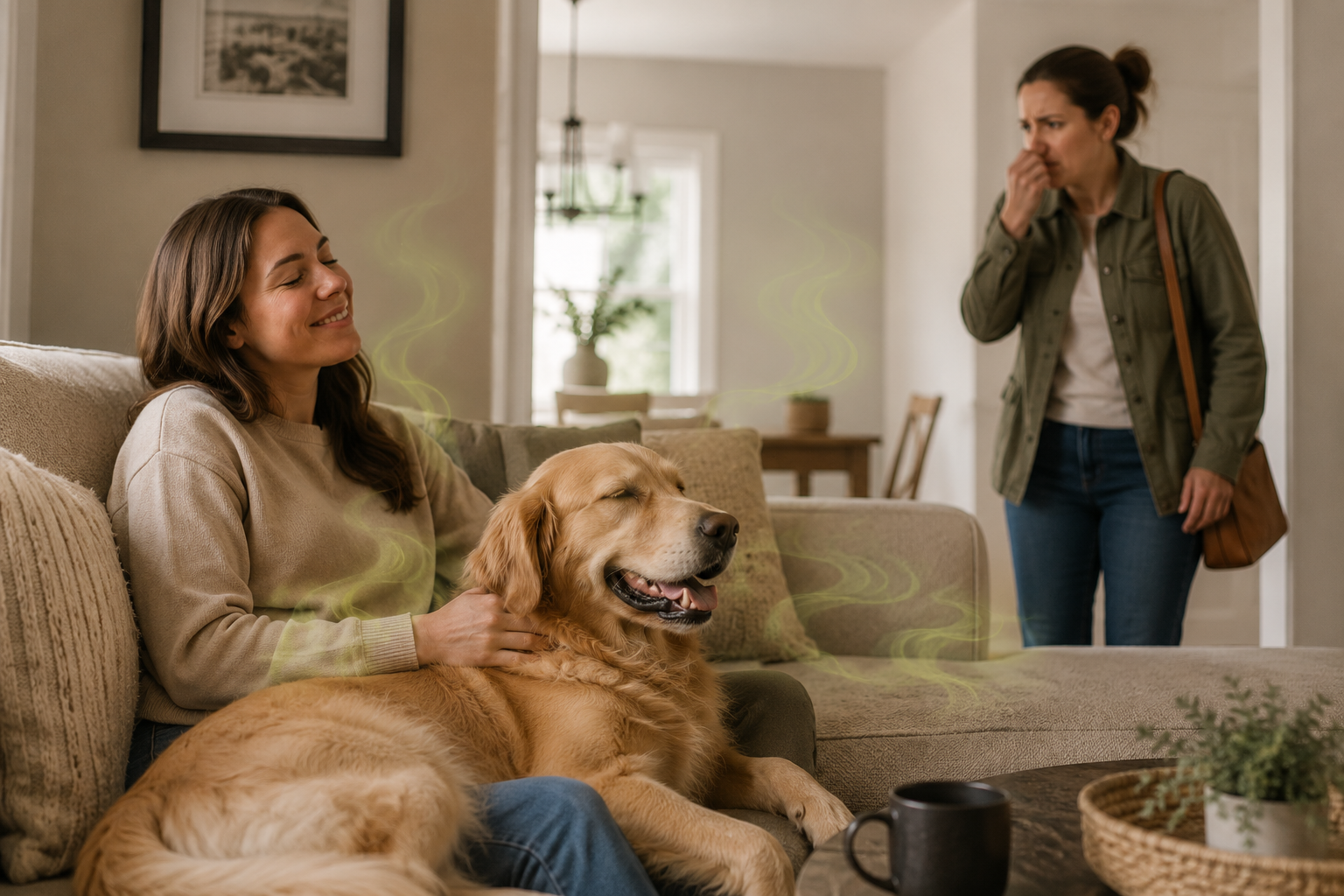A woman pets a stinky dog on a couch while another woman reacts to the bad smell.