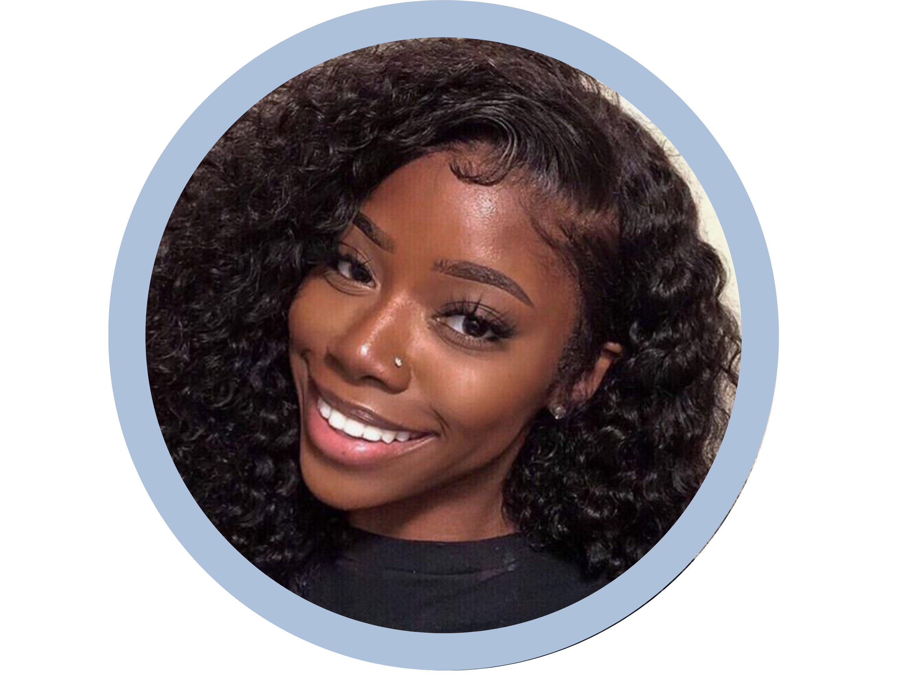 A close-up circular portrait of a smiling young Black woman with long, curly dark hair.