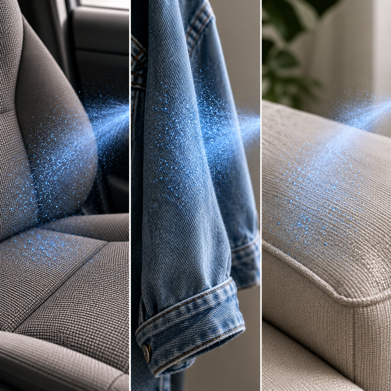 A triptych showing a glowing blue mist being sprayed on a car seat, denim jacket, and sofa.