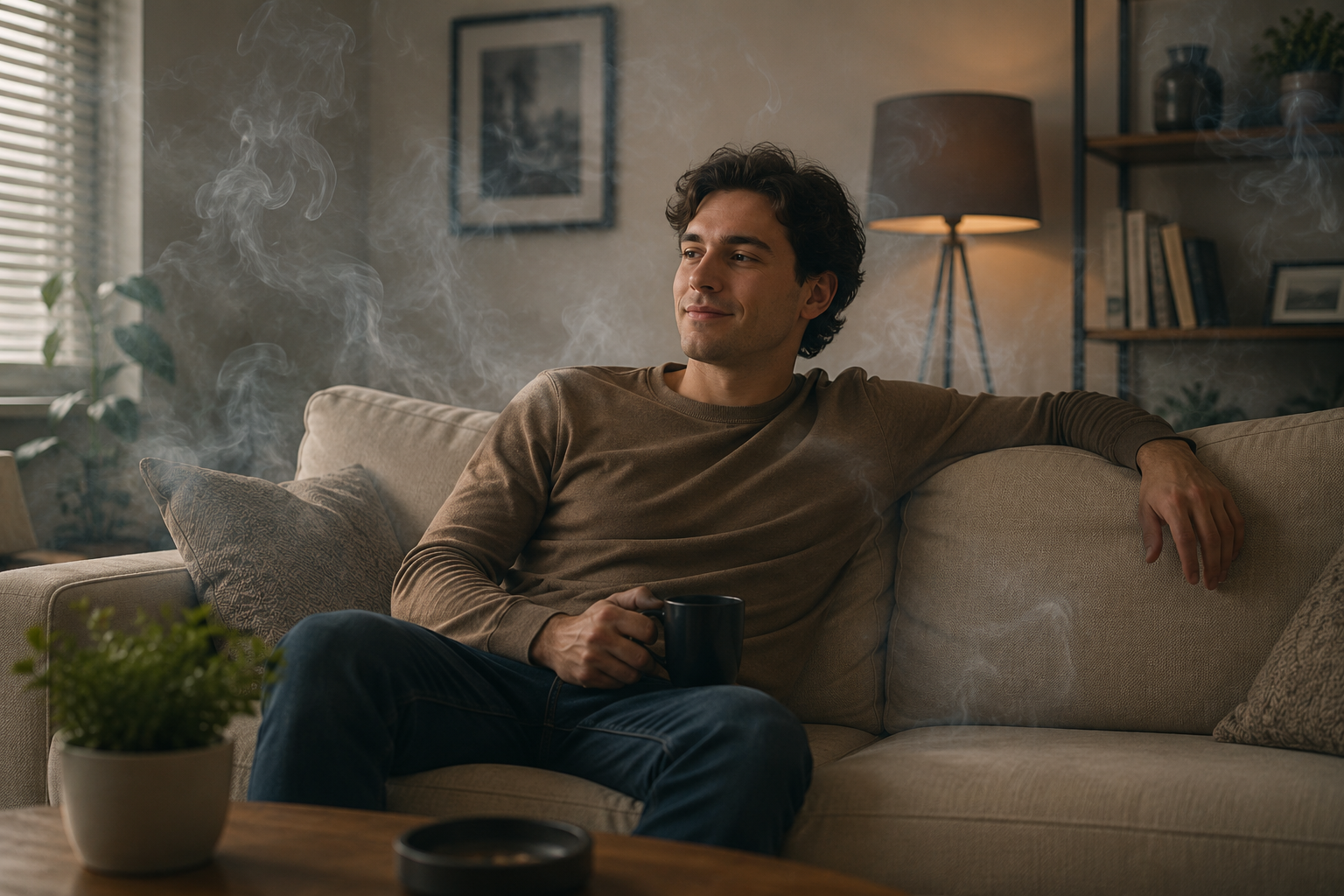 A young man sits on a couch holding a mug as smoke swirls around him in a living room.