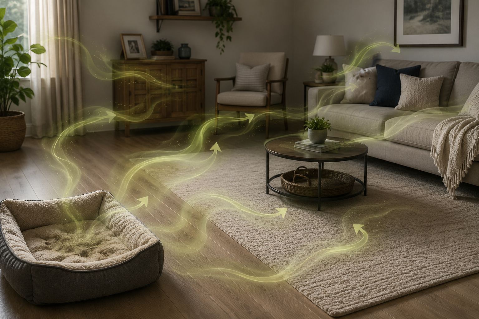 Glowing green arrows representing airflow emanate from a dog bed in a modern living room.