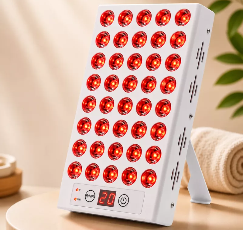 A white, rectangular red light therapy panel with glowing LEDs, propped up on a stand.