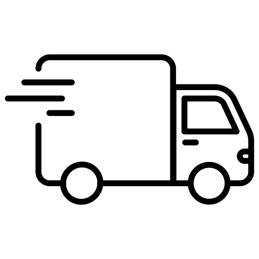 A black line icon of a delivery truck in motion on a white background.