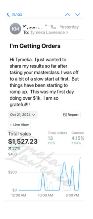 Screenshot of an email testimonial sharing sales results, including a chart showing $1,527.23 in total sales.
