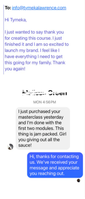 Screenshots of an email and text message exchange showing positive testimonials for a course or masterclass.