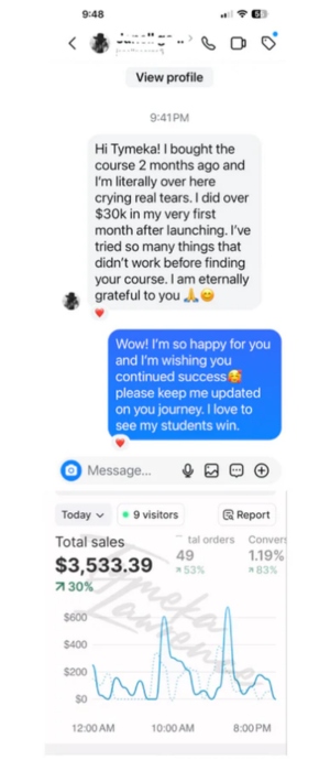 A screenshot of a text message testimonial and a daily sales report graph showing over $3,500.