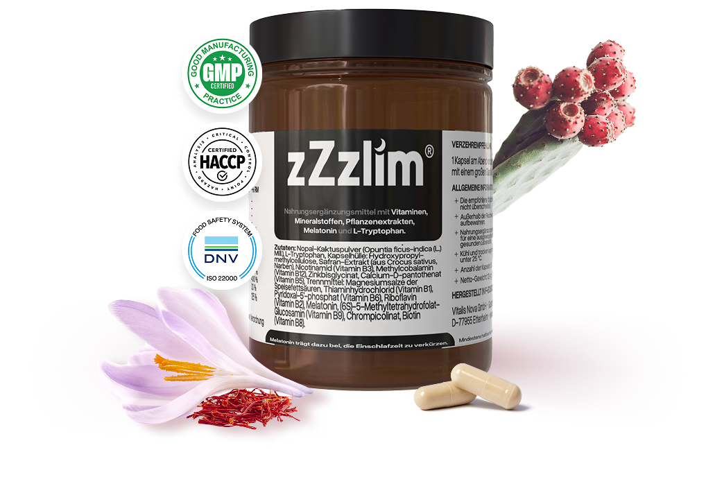 Supplement jar labeled 'zZzlim' with capsules, flowers, and certification logos.