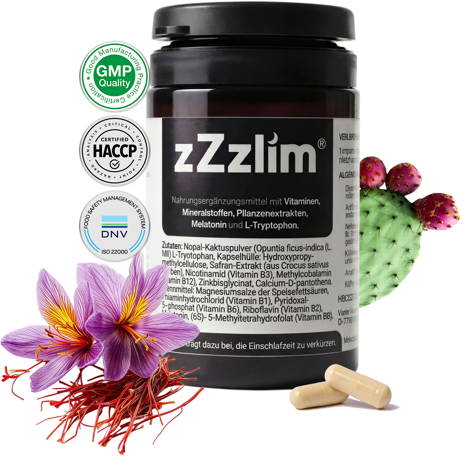 A bottle of ZZZlim dietary supplement with capsules, saffron flowers, and prickly pear cactus.