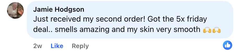 A testimonial from Jamie Hodgson: 'smells amazing and my skin very smooth'.