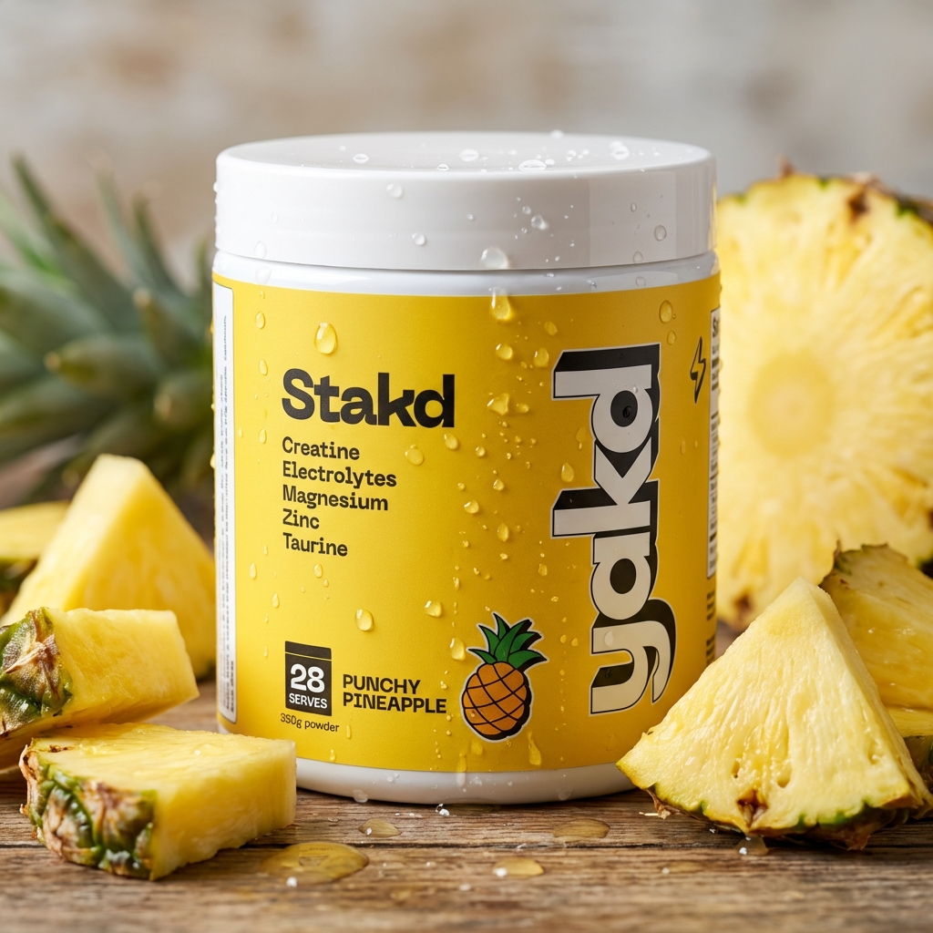 A tub of Stakd Punchy Pineapple supplement powder sits on a wooden surface surrounded by fresh pineapple chunks.