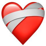 A shiny red heart with a white bandage wrapped around it.