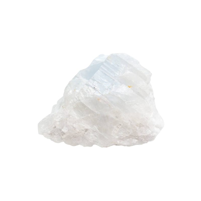A rough, translucent white crystal with a slight blue tint, isolated on a black background.