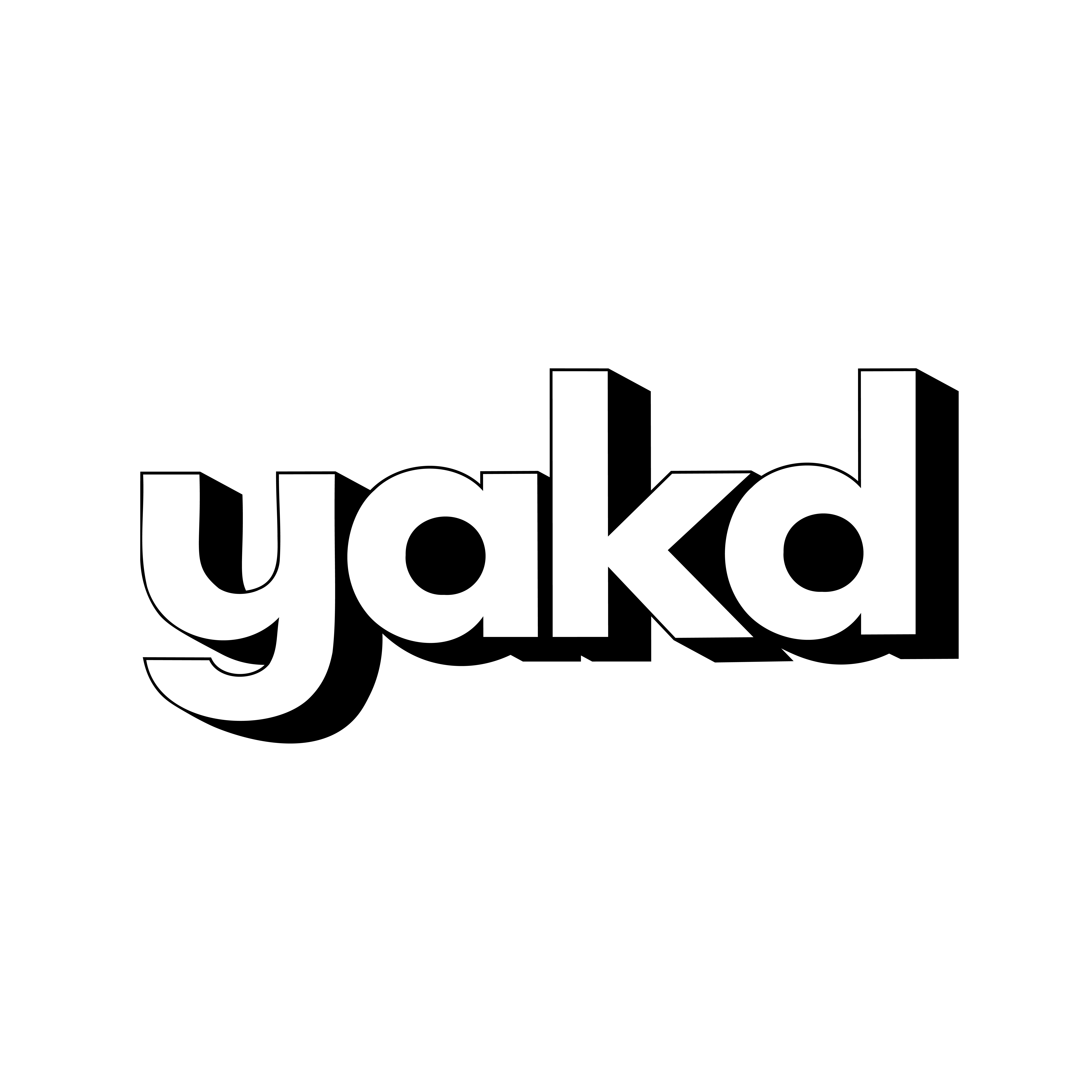 The word 'yakd' in white, lowercase, 3D-style lettering with a black shadow on a green background.