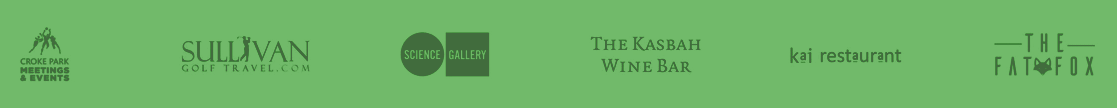 Logos of various businesses on a green background.
