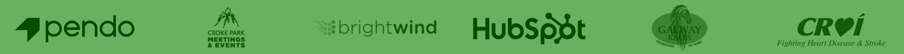 Logos of Pendo, Croke Park, Brightwind, HubSpot, Galway Races, and Croí on a green background.