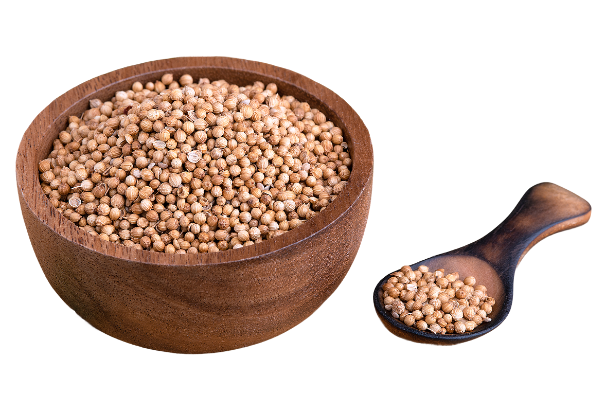Wooden bowl and spoon filled with coriander seeds.