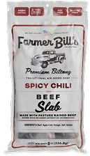 Packaging of Farmer Bill's Spicy Chili Beef Slab with vintage truck illustration.