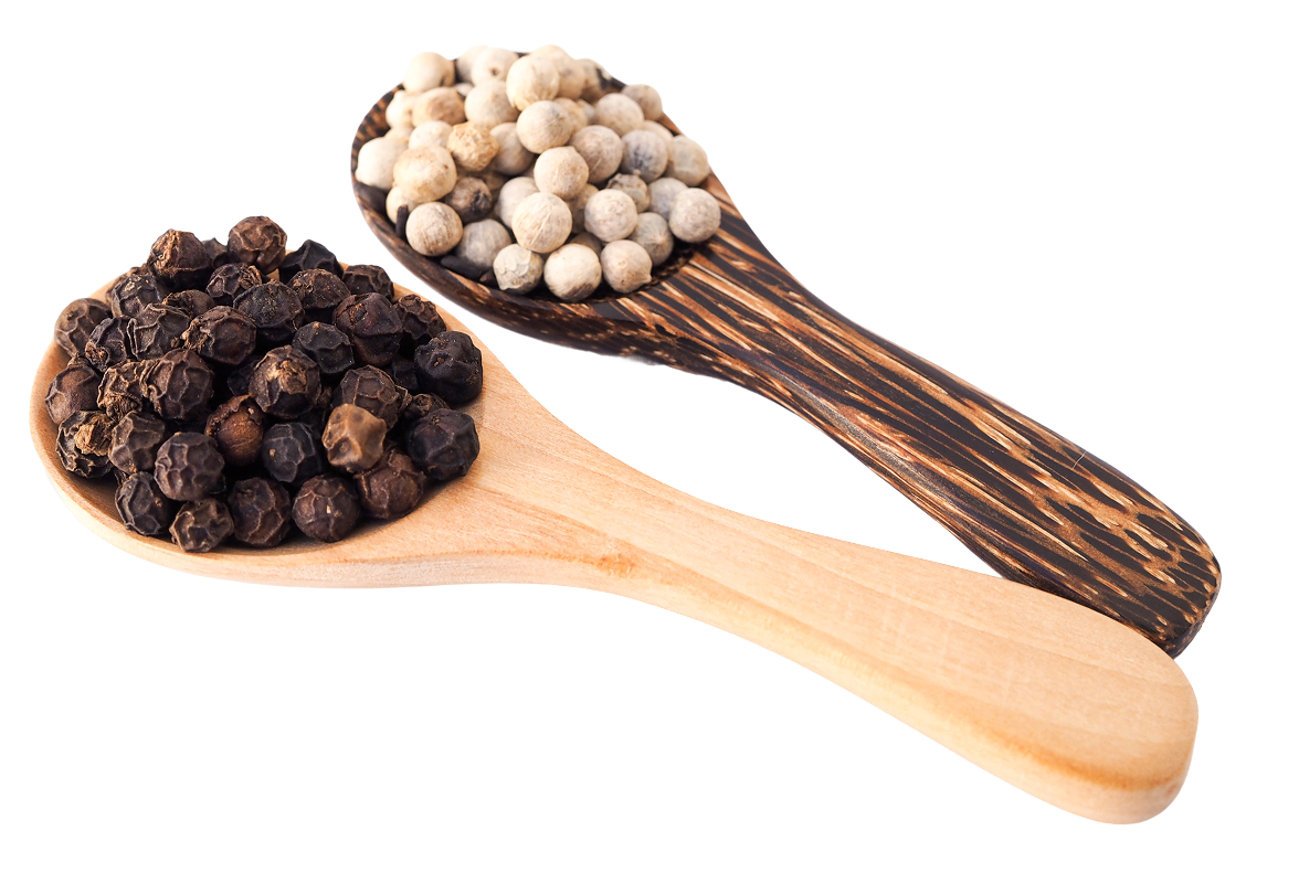 Two wooden spoons with black and white peppercorns.