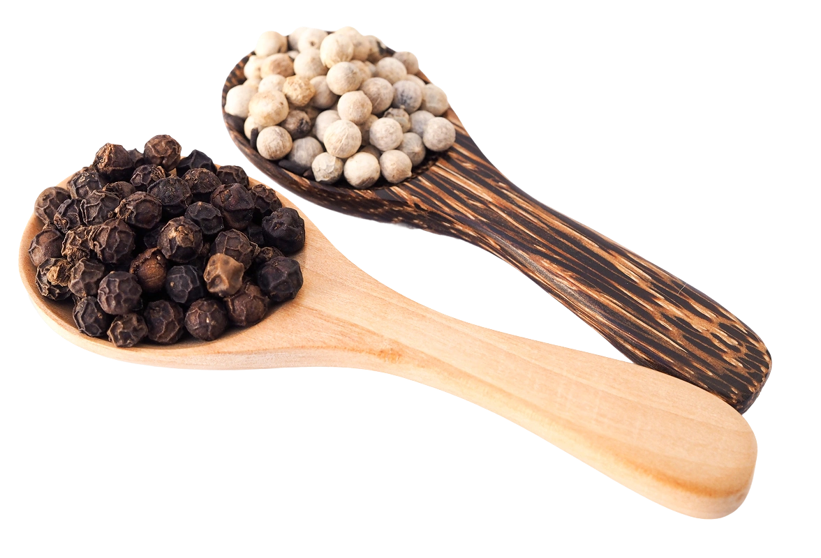 Two wooden spoons with black and white peppercorns.