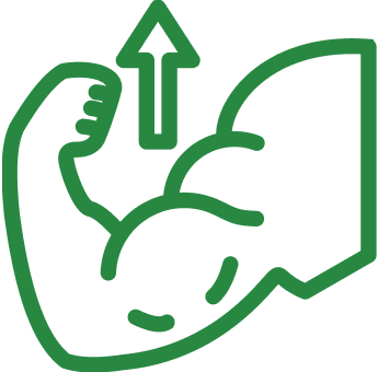 Green outline of a flexed arm with an upward arrow.