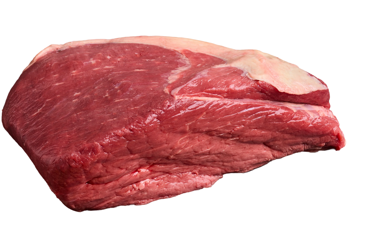 A raw cut of beef with visible marbling and fat.