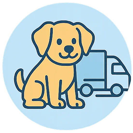 Cartoon yellow puppy sitting beside a truck silhouette on a blue circular background.