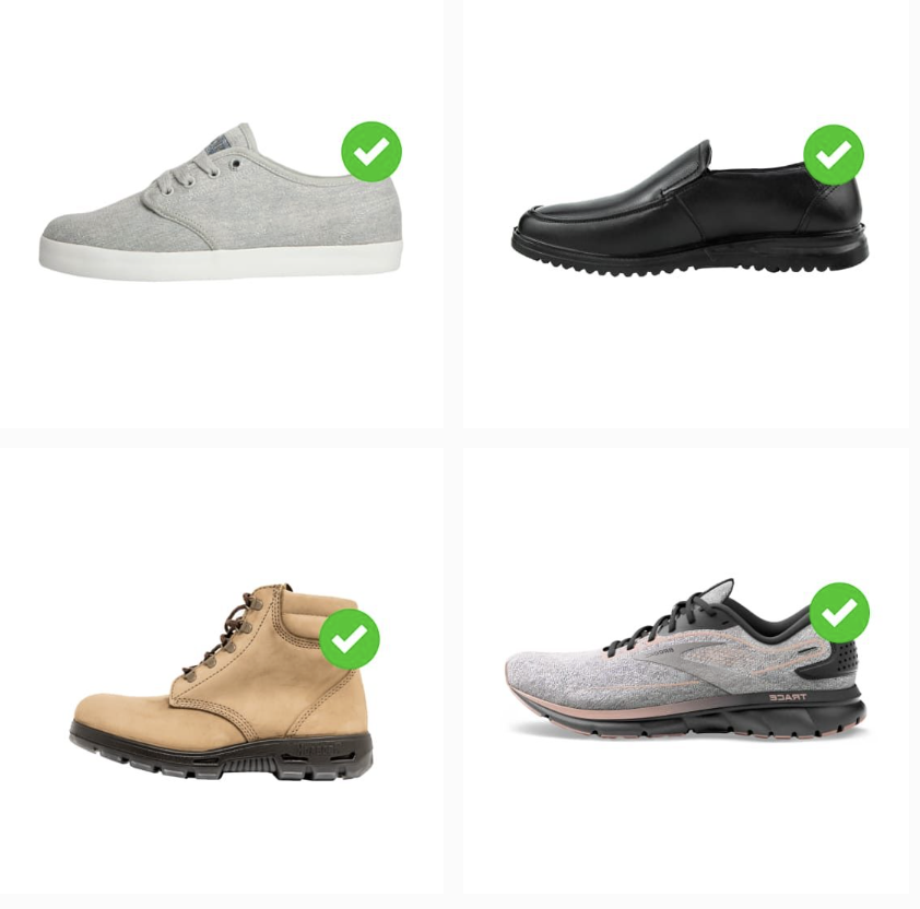 Four different shoes with green check marks on each.
