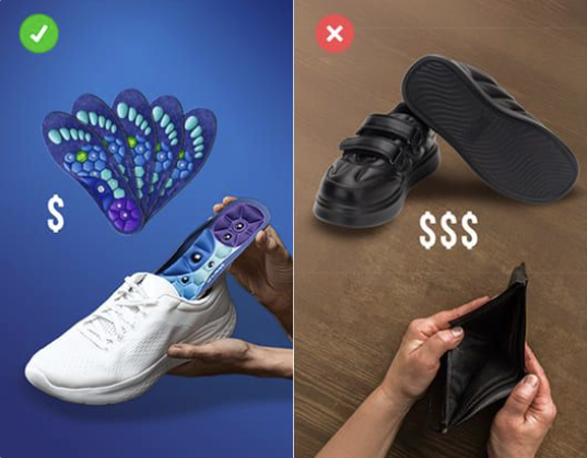 Comparison of affordable insoles and expensive shoes with an empty wallet.