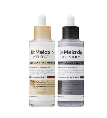 Two bottles of Dr. Melaxin Peel Shot skincare products.