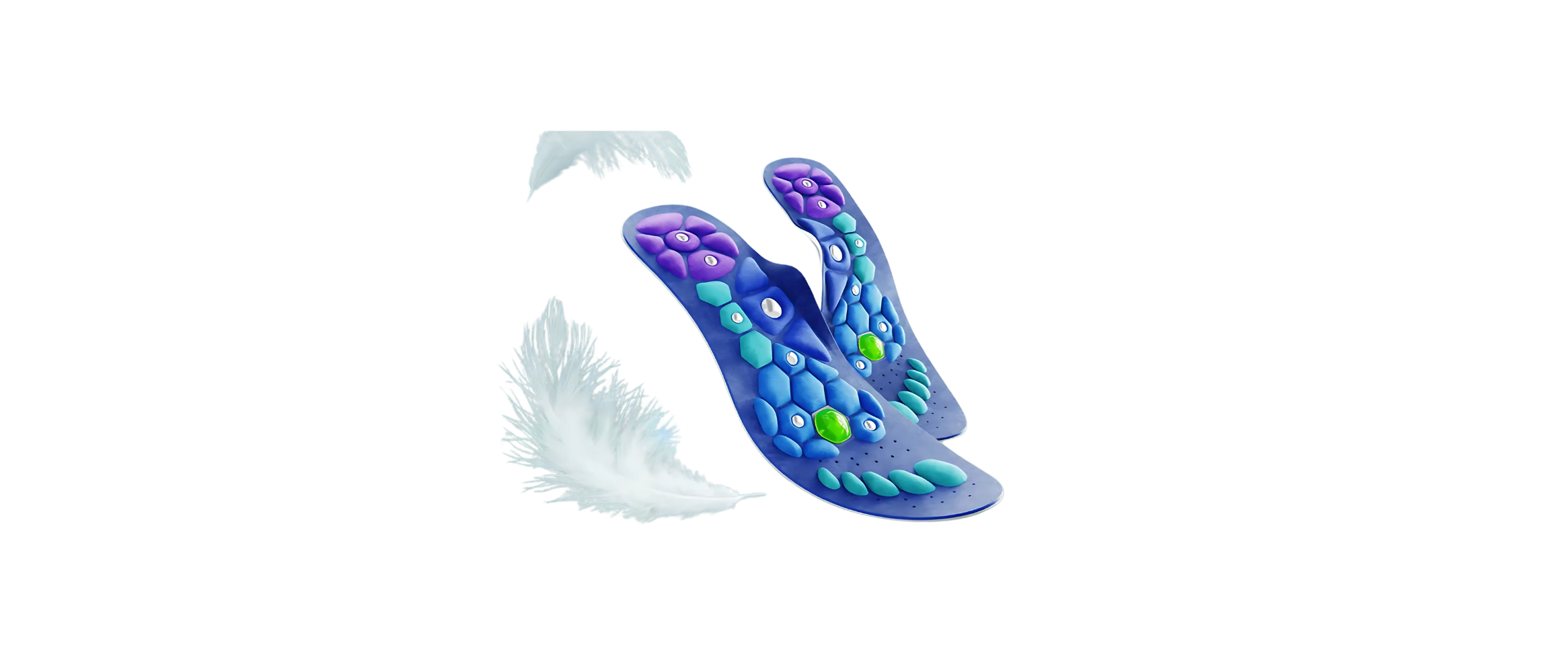 Colorful shoe insoles with hexagonal patterns and white feathers.