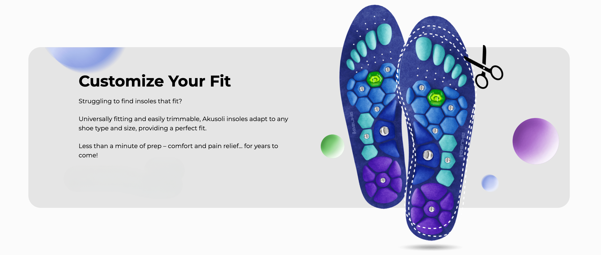 Illustration of customizable insoles with hexagonal patterns and scissors for trimming.