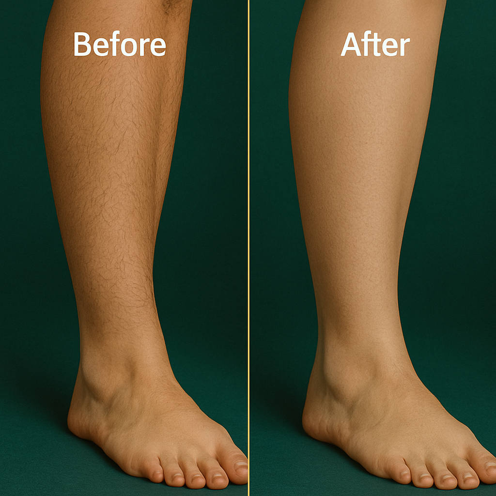 Side-by-side comparison of a leg before and after hair removal.