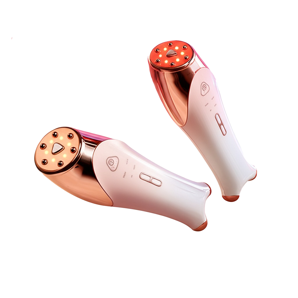 Two white and rose gold handheld devices with LED lights on a soft background.