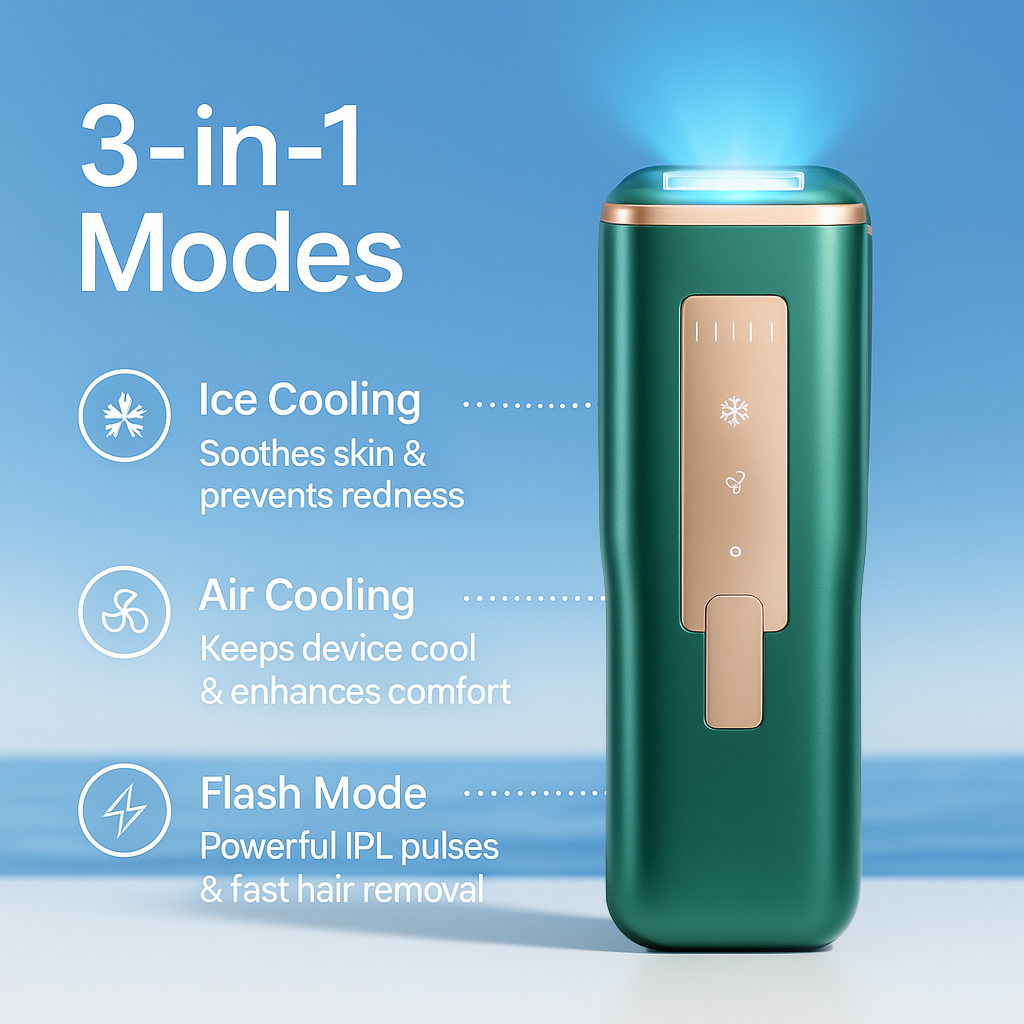 Green device with 3-in-1 modes: Ice Cooling, Air Cooling, Flash Mode, on blue background.