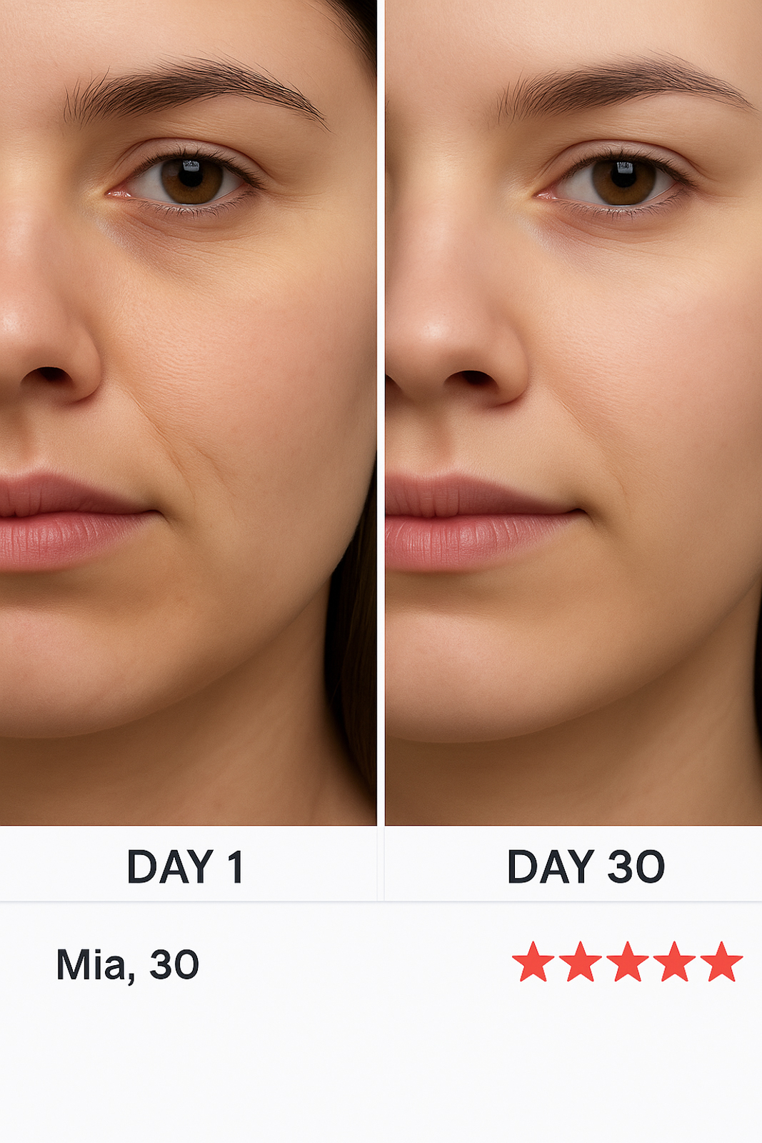 Side-by-side comparison of a woman's face on Day 1 and Day 30.