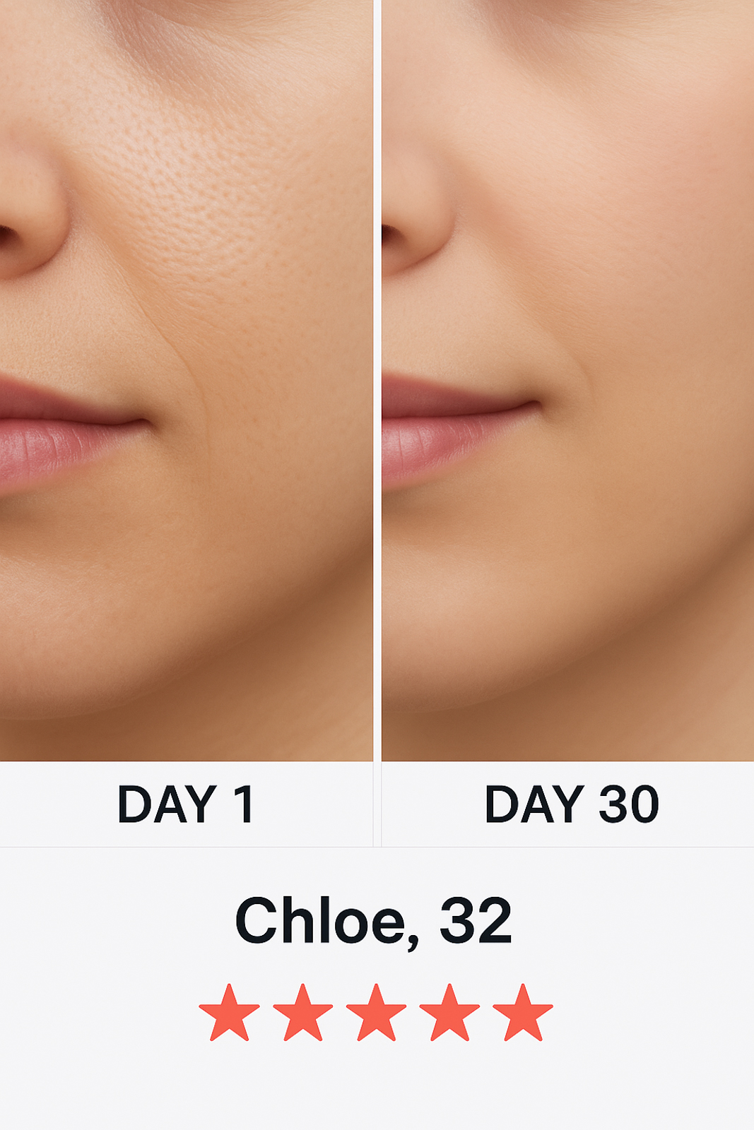 Side-by-side comparison of skin texture on Day 1 and Day 30.