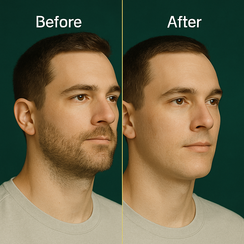 Side-by-side comparison of a man's face before and after shaving.