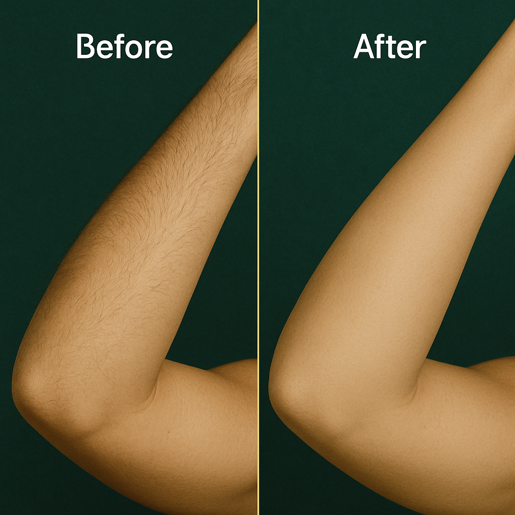 Comparison of an arm before and after hair removal.