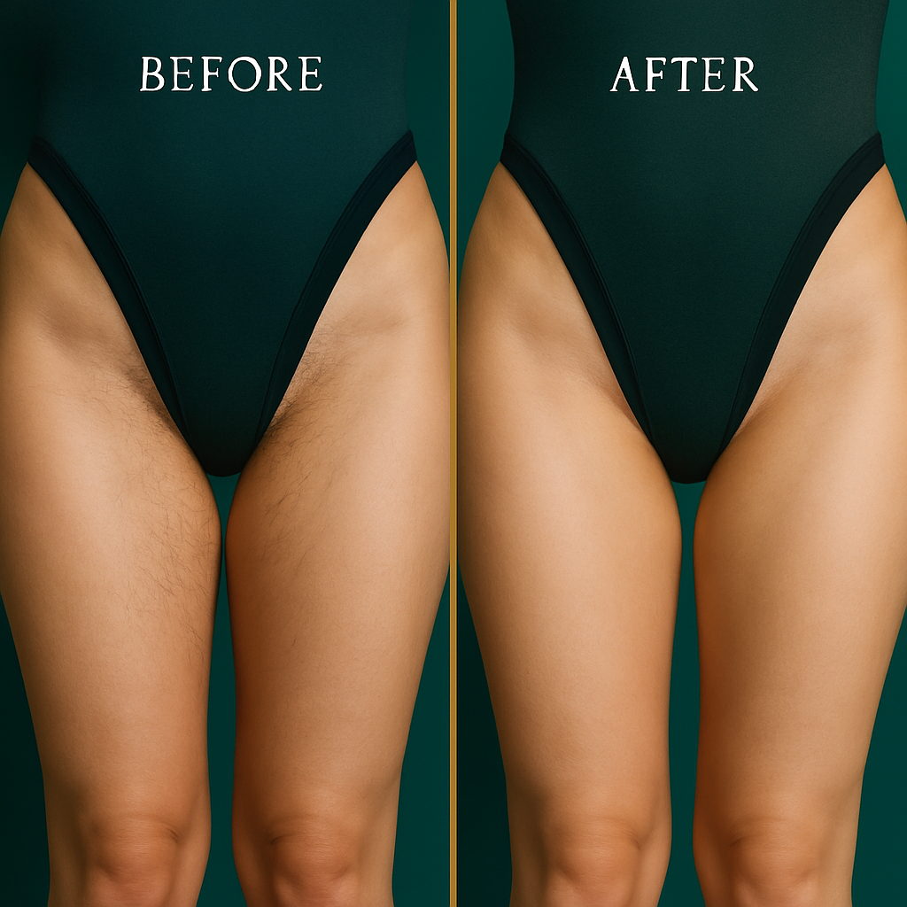 Before and after hair removal on a woman's bikini line.