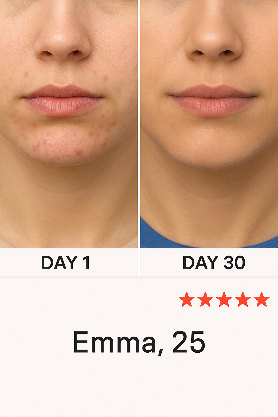 Side-by-side comparison of a woman's face on Day 1 and Day 30.