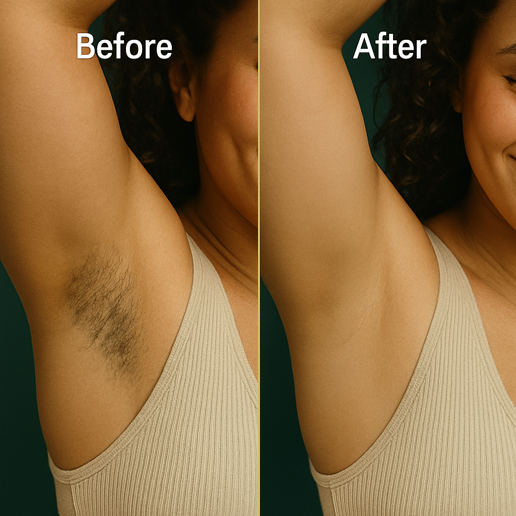 Side-by-side comparison of armpit before and after hair removal.