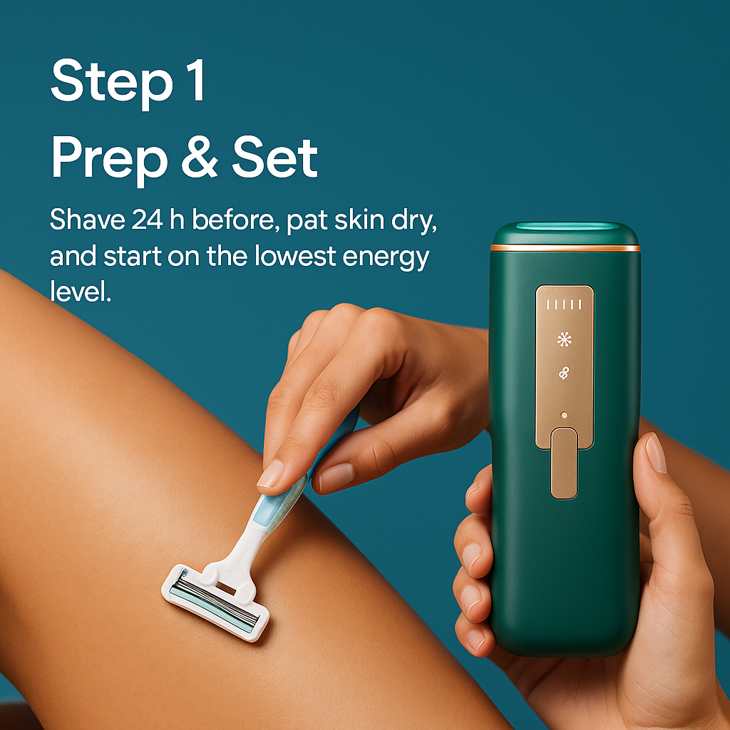 Person shaving leg with razor, holding a green device, text instructions on the side.