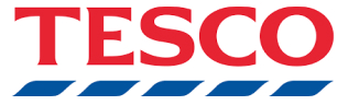 Logo of Tesco with red text and blue stripes.